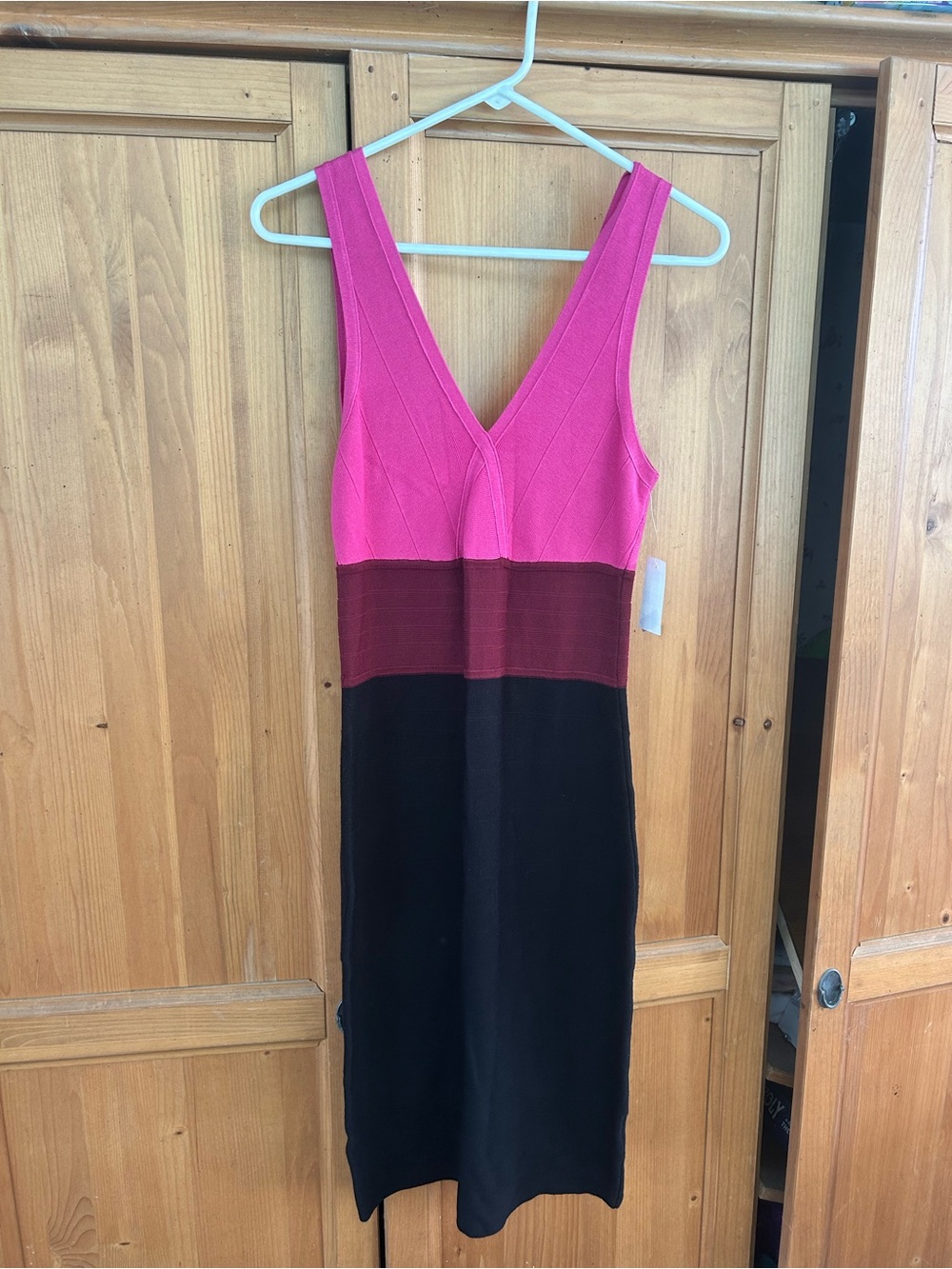 Metaphor Pink, Burgundy and Black V-Neck Colorblock Midi Dress